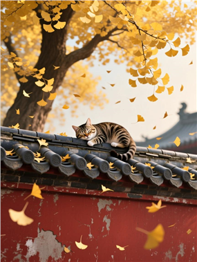 秋季氛围感红墙银杏小猫咪摄影图片